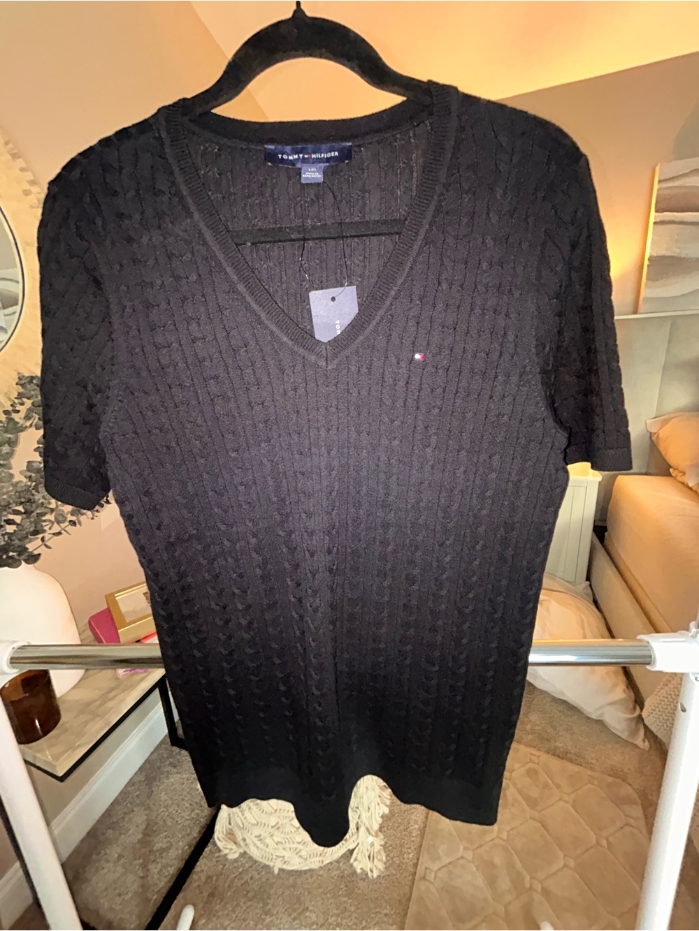 Tommy Hilfiger Classic Black Cable-Knit V-Neck Sweater NWT